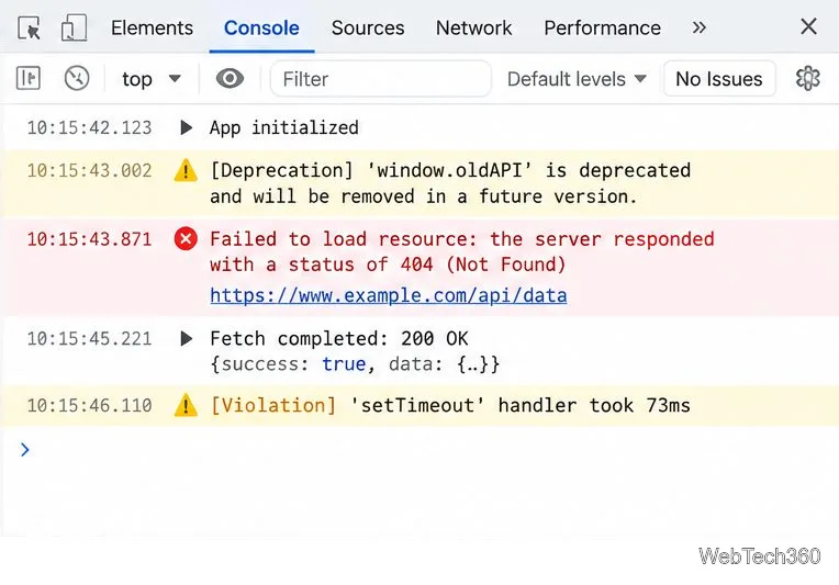 La console del browser mostra un output informativo, un avviso e una richiesta di risorsa non riuscita.