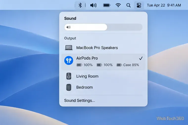 ภาพประกอบแสดง Control Center Sound โดยแสดง AirPods และตัวอย่างการอ่านค่าแบตเตอรี่แยกกันสำหรับหูฟังและเคส