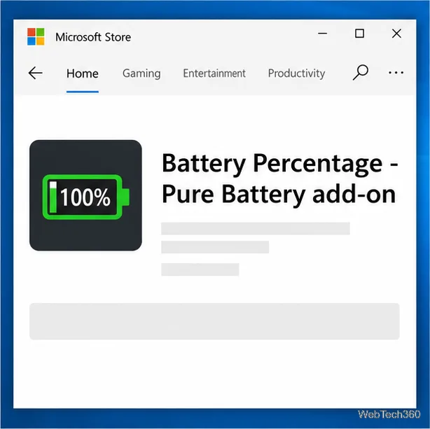 Anúncio na Microsoft Store do complemento Battery Percentage - Pure Battery.