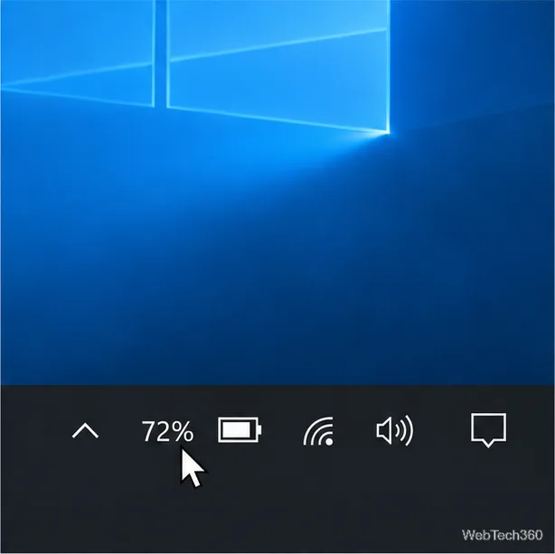 Área de notificação do Windows 10 mostrando um indicador de 72% de uso de complementos ao lado do ícone padrão da bateria.