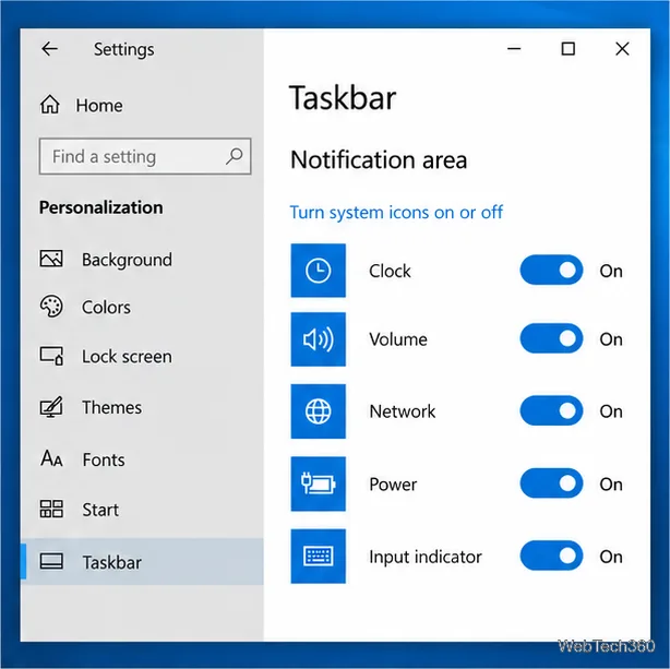 Configurações da barra de tarefas do Windows 10 mostrando a opção "ícone de energia do sistema" ativada.