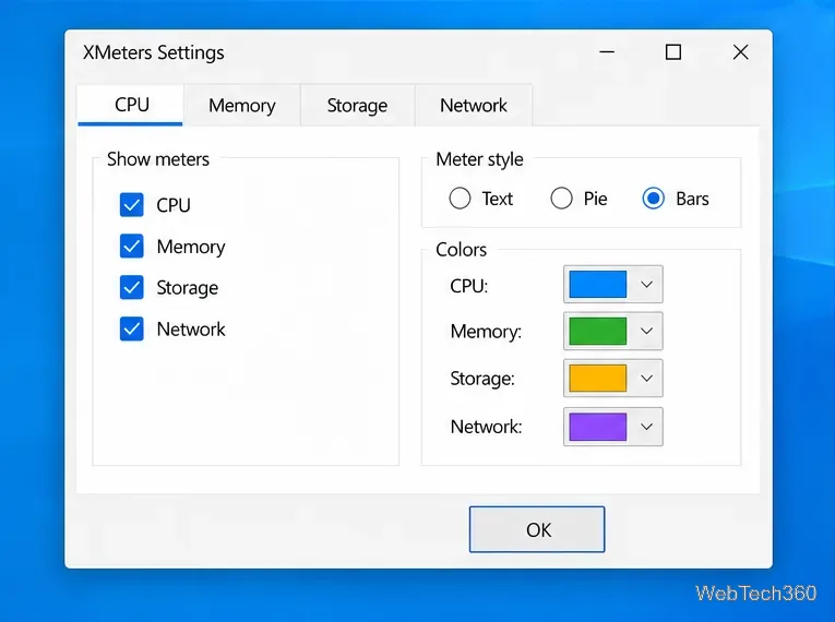 Ventana de configuración de XMeters con pestañas de CPU, Memoria, Almacenamiento y Red, casillas de verificación de visibilidad del medidor, opciones de estilo y muestras de color.