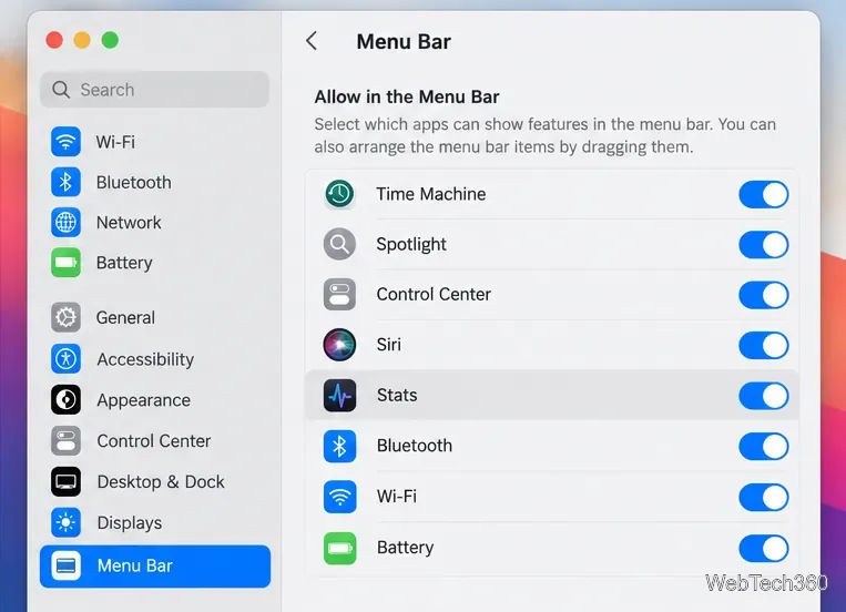macOS-Systemeinstellungen-Menüleistenseite mit aktivierter Statistikberechtigung