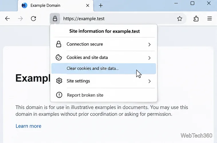 Fenêtre contextuelle d'informations du site Firefox avec l'action « Effacer les cookies et les données du site » mise en évidence