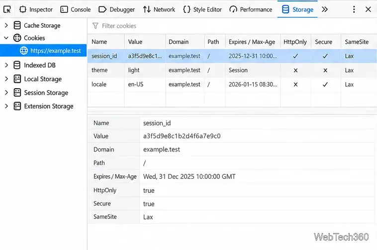 Tableau des cookies de l'inspecteur de stockage de Firefox avec des exemples de lignes pour la session, le thème et les paramètres régionaux, ainsi que leurs attributs.