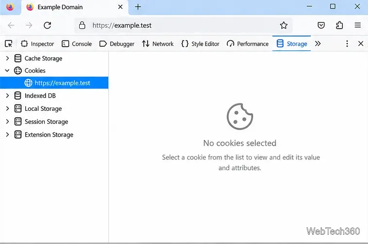 Barre latérale de stockage avec les cookies développés et un site d'exemple sélectionné