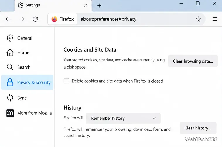 La page des paramètres de confidentialité et de sécurité de Firefox affichant la section « Cookies et données de site » et l’option permettant d’effacer les données de navigation