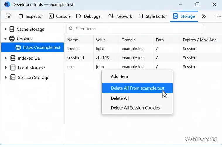 Mise en évidence du menu contextuel des cookies de Firefox : Supprimer tout depuis example.test