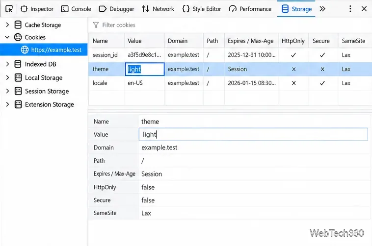 La cellule de valeur du cookie dans l'inspecteur de stockage de Firefox est mise en surbrillance pour modification directe.