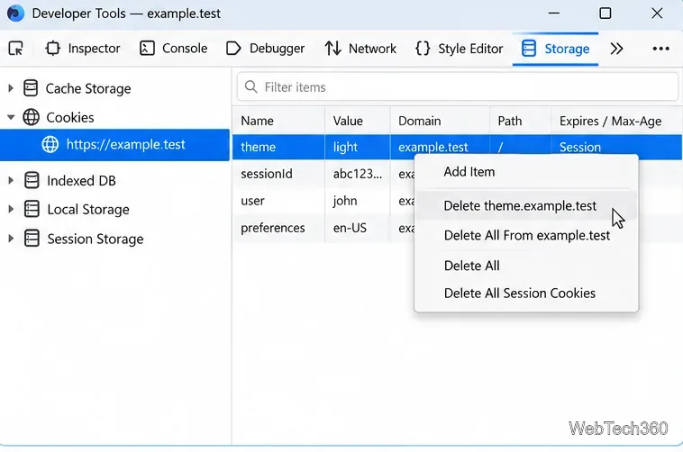 Menu contextuel de Firefox Storage Inspector avec l'option de supprimer un cookie de thème individuel