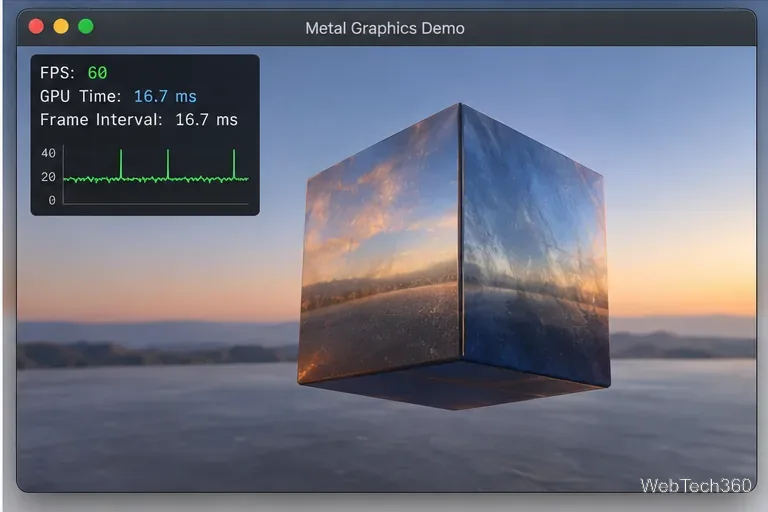 Metalグラフィックスのデモ(FPSカウンター、GPU時間間隔、および小規模なパフォーマンスグラフ付き)