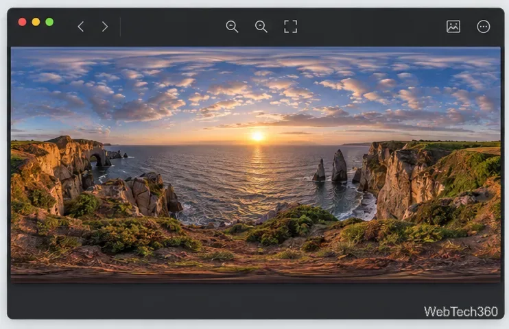 Una panorámica de la costa aparece como una imagen plana y amplia en una ventana de visualización de imágenes genérica.