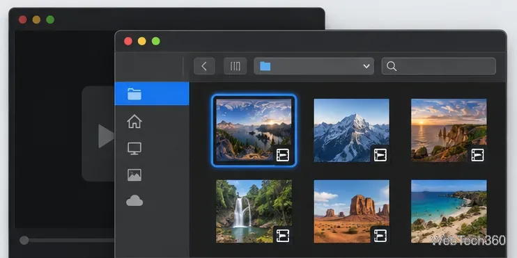 Un cuadro de diálogo genérico para abrir archivos en el escritorio resalta una miniatura de vídeo panorámica para abrirla en un reproductor multimedia.