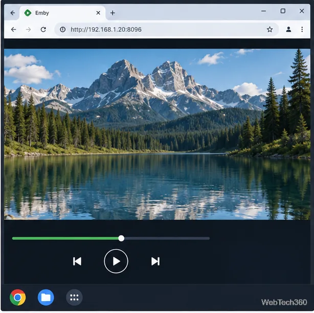 Видео воспроизводится в Emby в Chrome на Chromebook, под изображением отображается временная шкала и элементы управления воспроизведением.