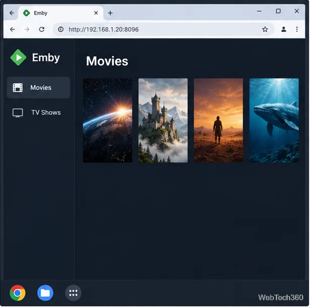 Библиотека Emby Movies открыта в Chrome на Chromebook с четырьмя медиапостерами.