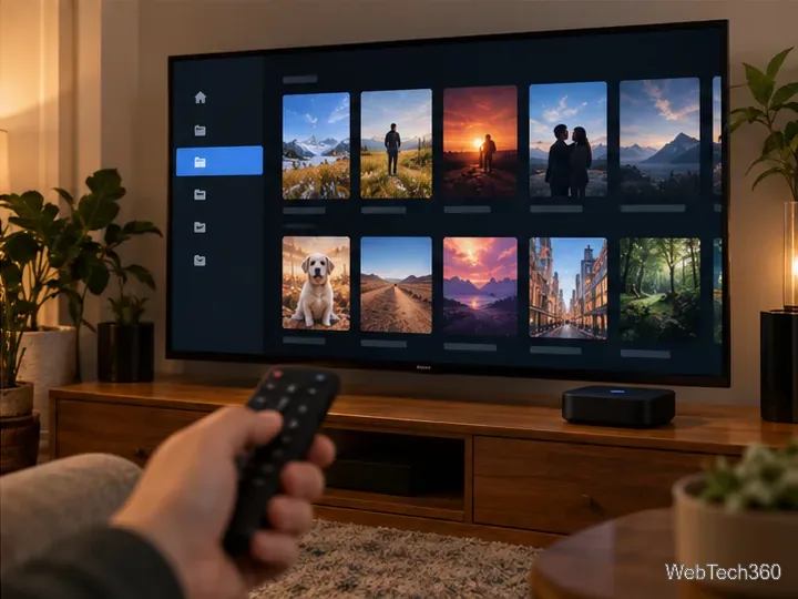 A television displays a media-library grid beside a remote and a small media device.