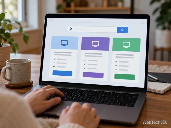 A laptop displays a generic comparison page with a ZIP-code search field and three streaming plan cards.