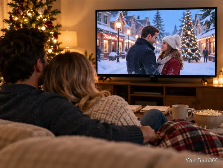A couple watches a winter romance on TV in a cozy living room.