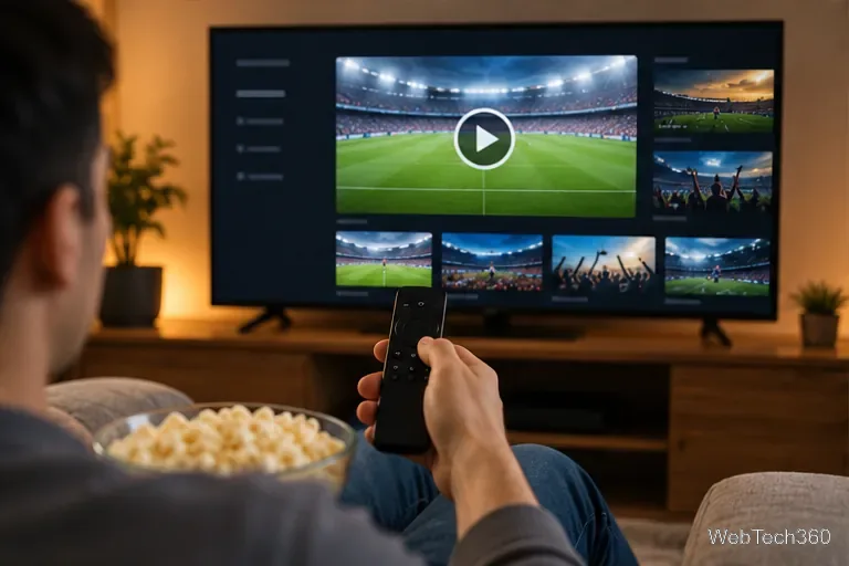 リモコンを持った視聴者が、サッカーの動画選択肢と再生アイコンが表示されたテレビ画面を見ている。