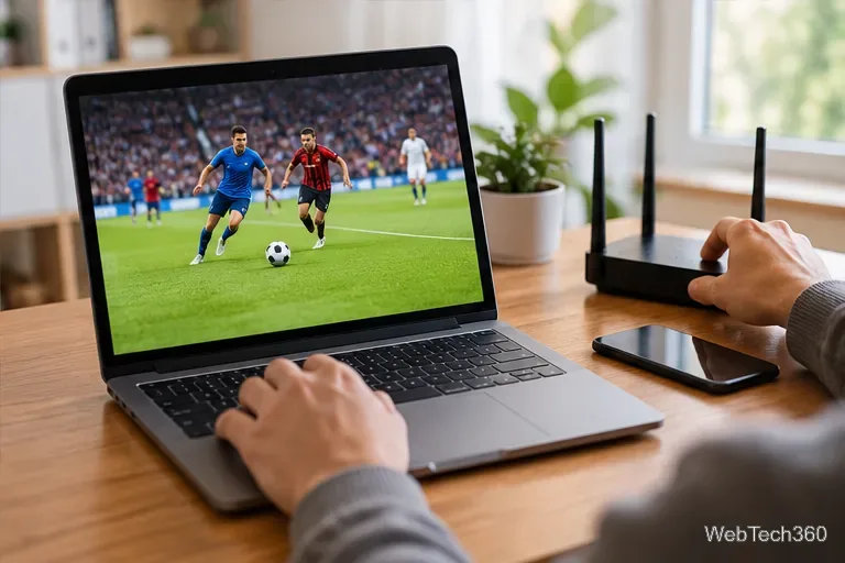 視聴者が接続状況を確認する中、ノートパソコンでサッカーの試合がワイヤレスルーターの横で再生されている。