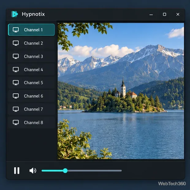 Окно плеера в стиле Hypnotix со списком каналов, областью для видео и регуляторами громкости.