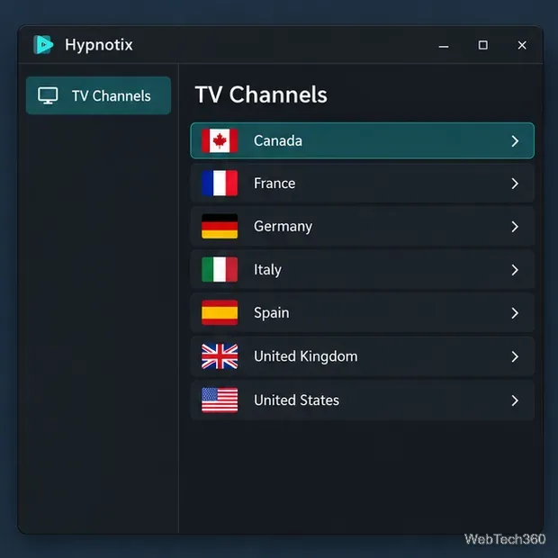 Экран телеканалов в стиле Hypnotix с категориями стран в виде списка.