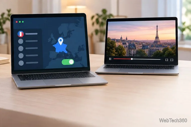 Стандартное VPN-приложение с выбранной Францией рядом с ноутбуком, воспроизводящим видеопоток.