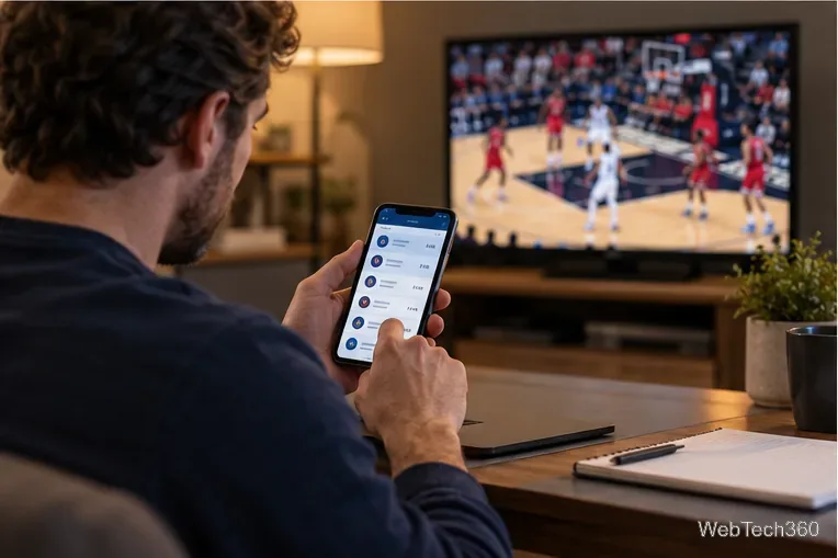 A basketball fan checks a game schedule on a smartphone while a TV shows a game in the background.
