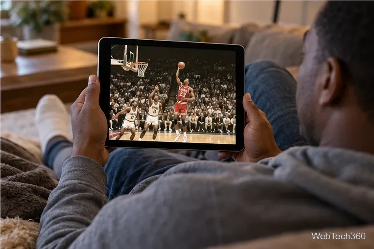 A viewer holding a tablet that displays a classic basketball game replay.