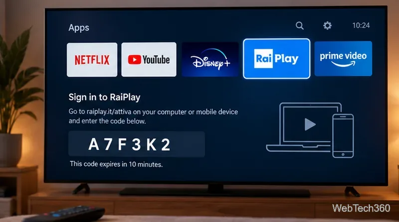 RaiPlayアプリのタイルとデバイスペアリングコードの例が表示されたスマートテレビ