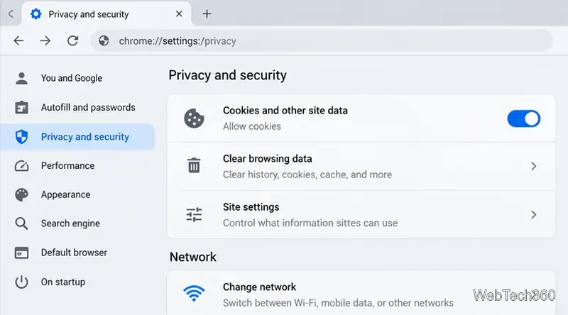 閲覧データのクリアオプションが表示されたブラウザのプライバシー設定画面