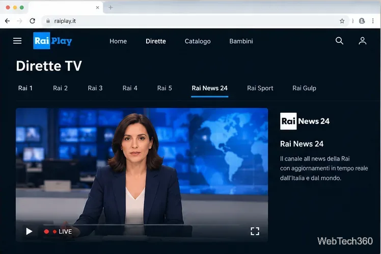 Rai News 24が選択され、プレーヤーでニュース放送が再生されているライブTVチャンネルのリスト例
