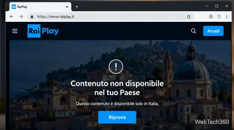RaiPlayスタイルのビデオプレーヤーに表示される国別制限通知の例