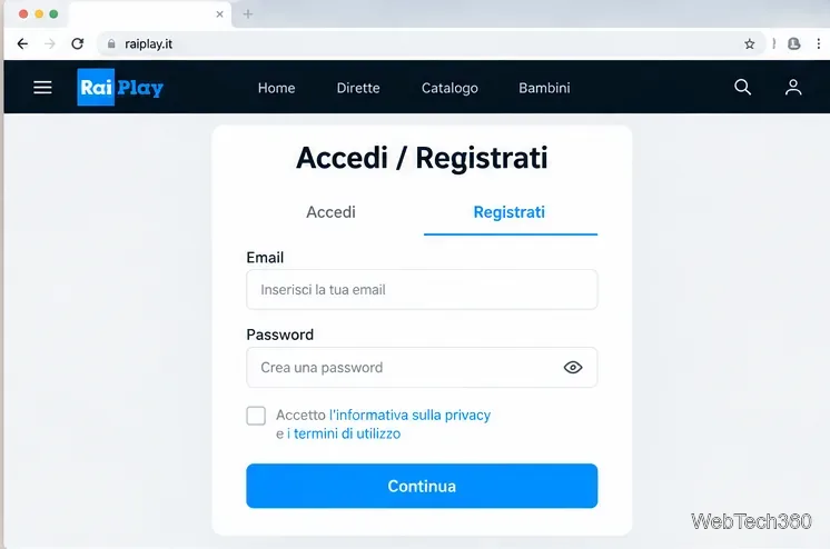 イタリアのRaiPlay登録画面の例。メールアドレス、パスワード、および続行フィールドが表示されています。