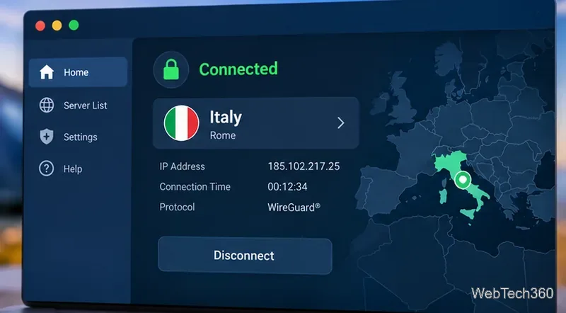 VPNアプリケーションでイタリアのサーバーに接続し、ヨーロッパ地図上でイタリアがハイライト表示されている。