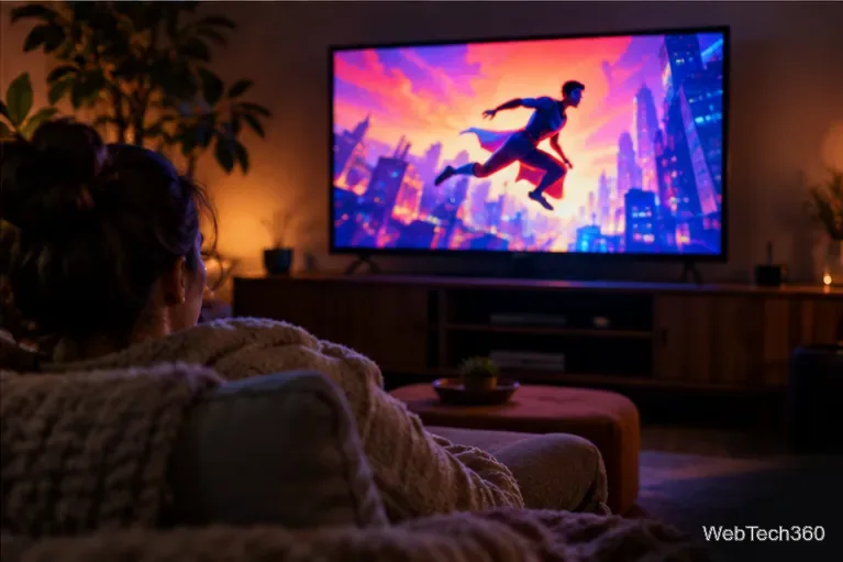 A viewer watches a colorful animated superhero film on a living-room television