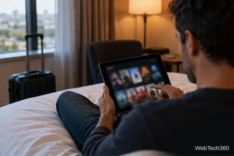 A traveler checks a streaming catalog on a tablet in a hotel room