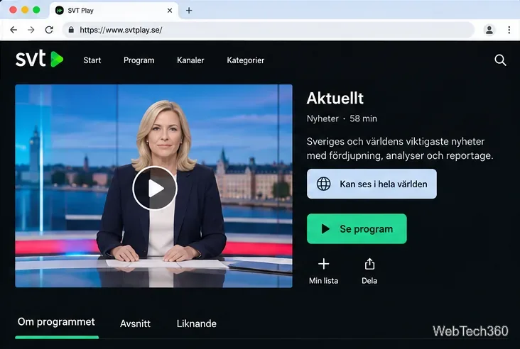 Kan ses i hela världen の世界的な権利ラベルを表示する SVT Play プログラム情報ビュー