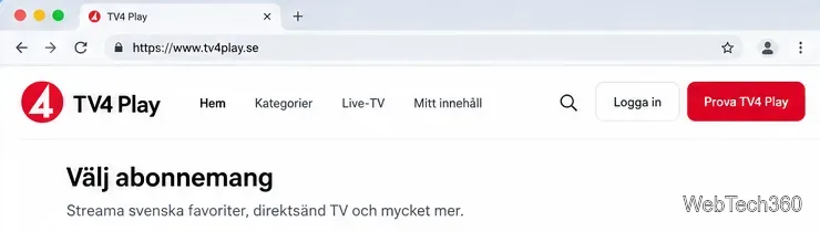 TV4 Playブラウザのヘッダーには、サインインオプションとサブスクリプション選択の見出しが表示されます。