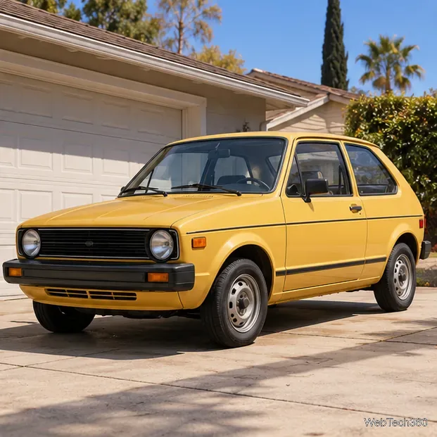 Une petite voiture jaune à hayon, typique des années 1980, garée dans l'allée ensoleillée d'une maison de banlieue.