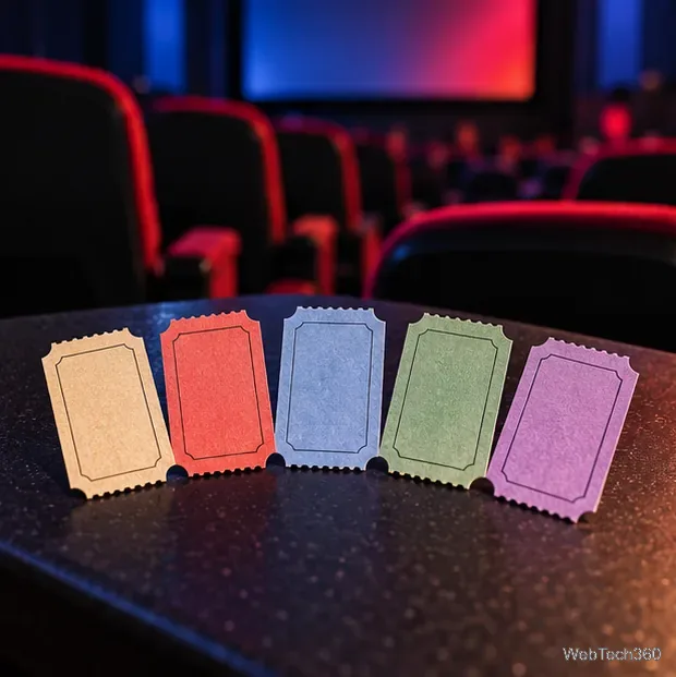 Cinq billets d'entrée vierges et colorés disposés devant des sièges rouges de cinéma