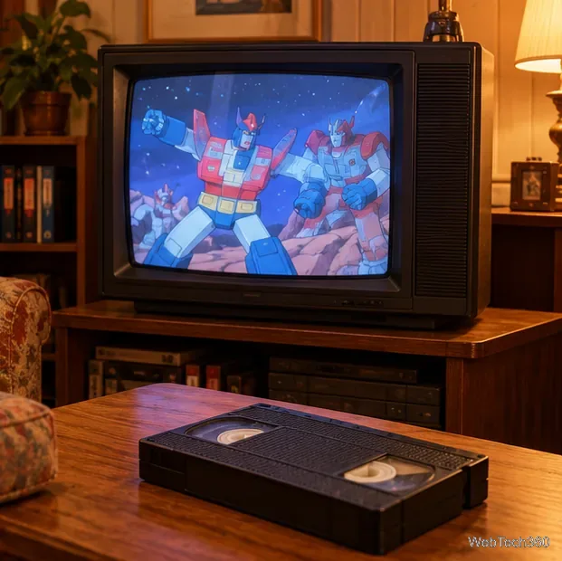 Un vieux téléviseur à tube cathodique diffusant des robots animés colorés, avec une cassette VHS sur la table.