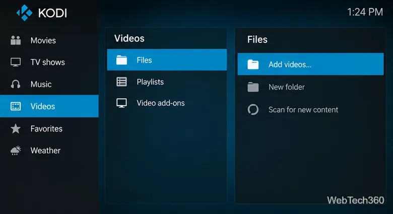 متصفح فيديو Kodi مع تحديد الملفات وتفعيل خيار إضافة الفيديوهات.