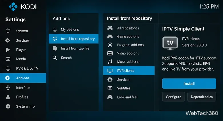 مستودع إضافات Kodi الذي يعرض فئة عملاء PVR وعناصر التحكم في تثبيت عميل IPTV البسيط.
