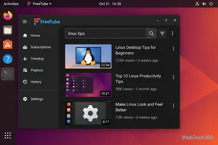 FreeTube en Linux muestra resultados de búsqueda de consejos sobre Linux en la aplicación de escritorio.