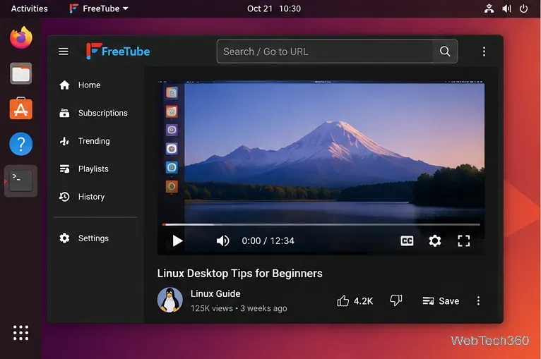 Reproductor de vídeo de escritorio FreeTube en Linux reproduciendo un vídeo de consejos sobre Linux
