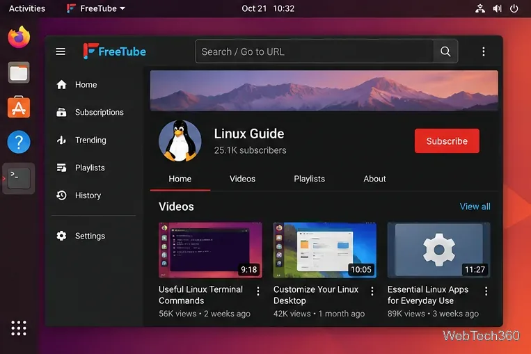 Página del canal FreeTube en Linux con un botón rojo de Suscribirse y navegación de suscripción local.