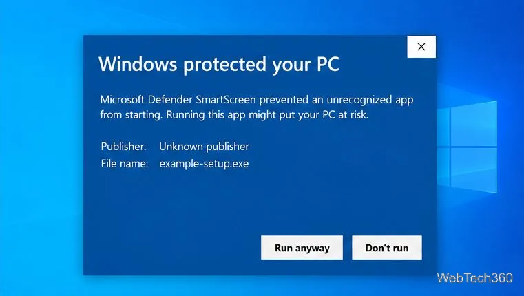 Avertisment extins SmartScreen în Windows 10 care afișează detalii despre editor și opțiunea „Rulează oricum”