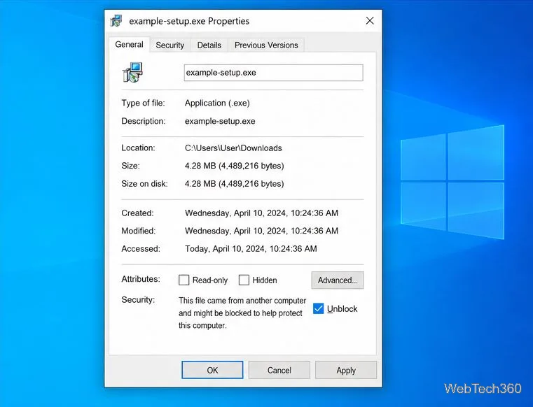 Fila General Proprietăți fișier Windows 10 cu caseta de selectare Mesaj Securitate și Deblocare bifate