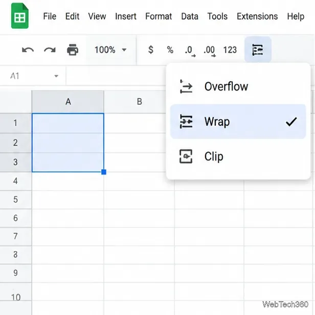 Панель инструментов обтекания текста в интерфейсе, похожем на Google Sheets, с выбранным параметром «Обтекание» между «Переполнение» и «Обрезка».